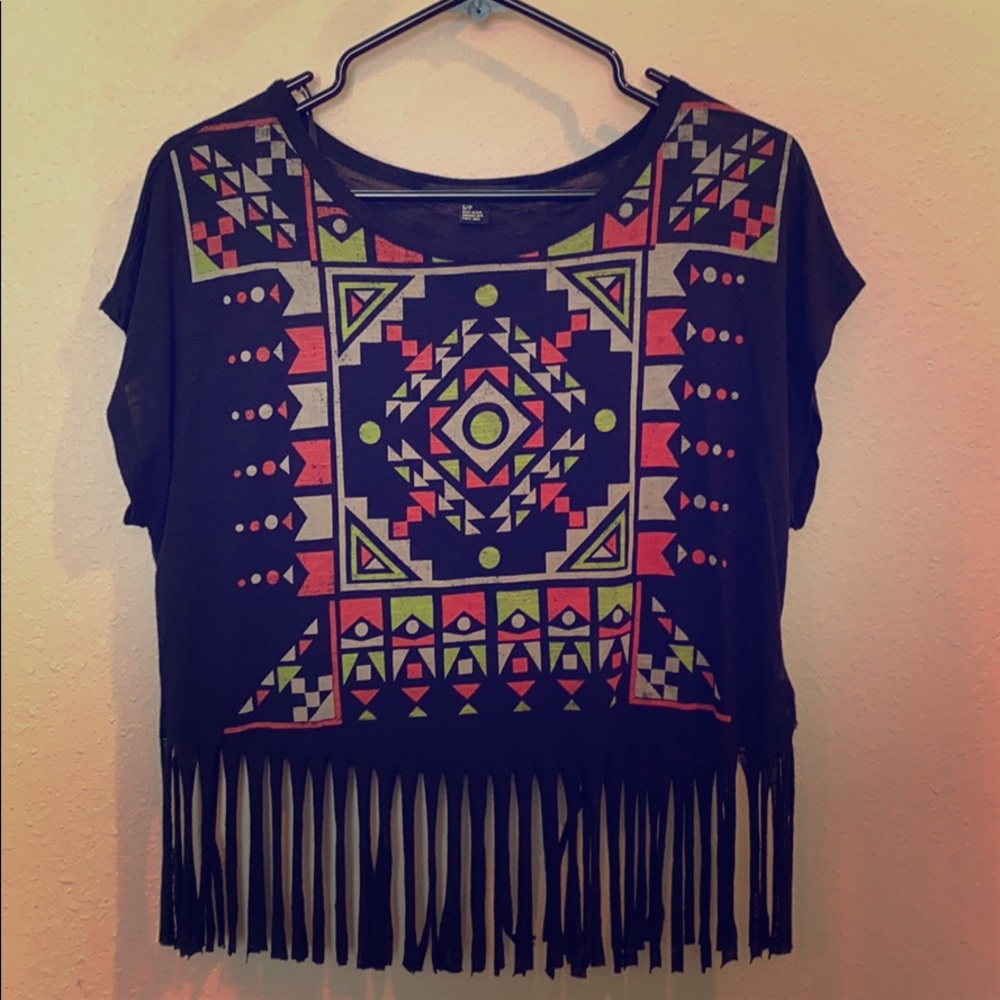 Tribal Print Crop Top with Tassels